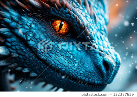 A close up of a blue dragon's face with orange eyes 122357639