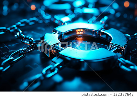 A close up of a padlock and chain on a circuit board 122357642
