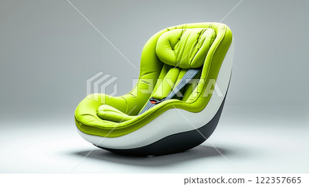 A green and white baby car seat on a gray background 122357665