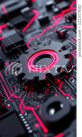 A close up of a computer motherboard with a red gear on it 122357682