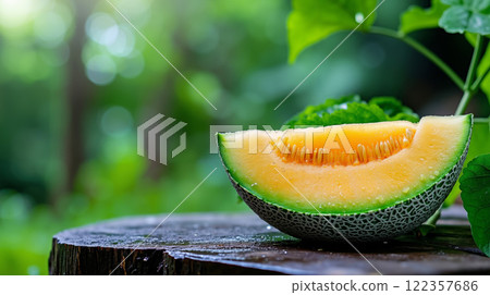 A slice of cantaloupe sitting on top of a wooden table A slice of cantaloupe sitting on top of a wooden table 122357686