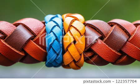 A close up of three different colored braided leather bracelets on a chain 122357704