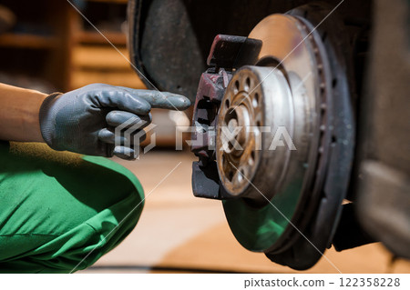 Detailed Inspection of a Car Brake System in an Auto Repair Shop 122358228