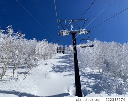 A ski lift at a ski resort in Nagano Prefecture against a clear blue sky A ski lift at a ski resort in Nagano Prefecture against a clear blue sky 122358274