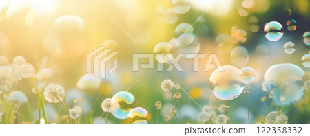 soap bubbles in summer on green meadow background 122358332