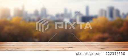 blank wooden table on blurry city background in autumn 122358338