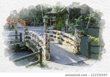 Watercolor painting of Oguni Shrine, Moriyama-yaki bridge and Kotomachi Pond, Morimachi, Shizuoka Prefecture 122358597