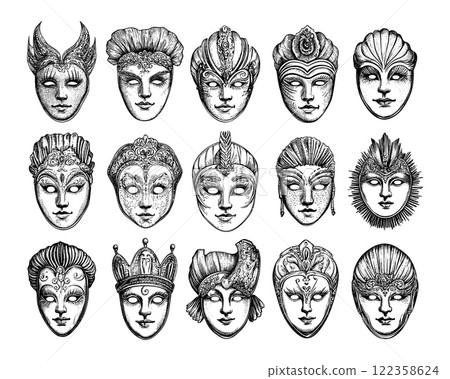 Italian carnival masks engraving vector set. Face coverings traditional festival masquerades, venetian anonymity jewelry extravaganza accessories, black monochrome ink isolated vectors on white 122358624