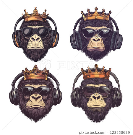 Gorilla heads with crown and headphones cartoon vector set. Close up fluffy ape glasses portrait avatar jungle king headsets corona animal, isolated on white backdrop 122358629