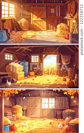 Chickens barn cartoon vector scenes. Farm egg hay bales straw pumpkin sacks boards ladder window planks aged wood storage countryside place rural concepts 122358713