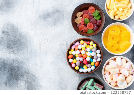 Mix of colorful candies . Top view 122358737