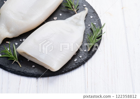 Squid tube and ring photography . Seafood top view Squid tube and ring photography . Seafood top view 122358812