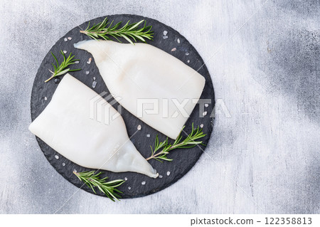 Squid tube and ring photography . Seafood top view Squid tube and ring photography . Seafood top view 122358813