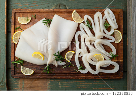 Squid tube and ring photography . Seafood top view Squid tube and ring photography . Seafood top view 122358833
