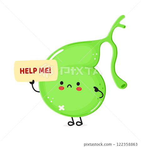 Cute sad sick Gallbladder asks for help character. Vector hand drawn cartoon kawaii character illustration icon. Isolated white background. Suffering unhealthy Gallbladder concept 122358863