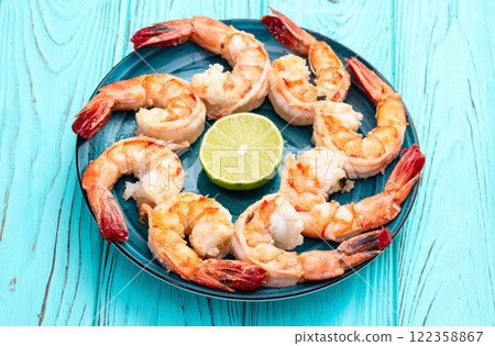 Grilled Tiger shrimps with lime photography . Top view Grilled Tiger shrimps with lime photography . Top view 122358867