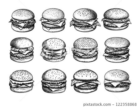 Burgers cheeseburger engraving vector set. Meat cutlet cheese sandwich bun tomato, onion fillings mustard toppings hand drawn black ink sketches isolated on white background Burgers cheeseburger engraving vector set. Meat cutlet cheese sandwich bun tomato, onion fillings mustard toppings hand drawn black ink sketches isolated on white background 122358868