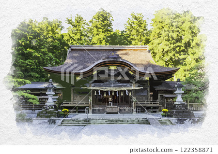 Watercolor painting style, Oguni Shrine, worship hall, Morimachi, Shizuoka Prefecture 122358871