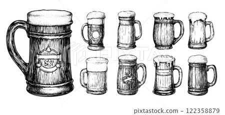 Beer mug engraving vector set. Pub beverages foamy ale etched bar vessels carved tankard, party holiday anniversary hand drawn drinking accessory isolated vectors on white background 122358879