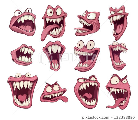 Beast monster mouth cartoon vector set. Big tongue fangs creepy scary expression bad alien character, laughing anger comic halloween creature spooky demon isolated on white backdrop 122358880