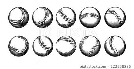 Baseball leather balls engraving vector set. Stitches throwing sport ball active traditional american competition hand drawn black ink sketches isolated vectors on white backdrop 122358886