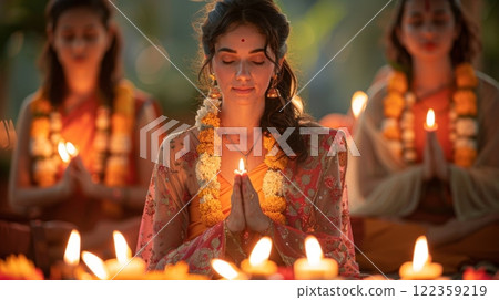 Vesak Festival . Meditation and Chanting: Devout Buddhists dedicate time to meditation and chanting, seeking inner peace and enlightenment through mindfulness and devotion. 122359219
