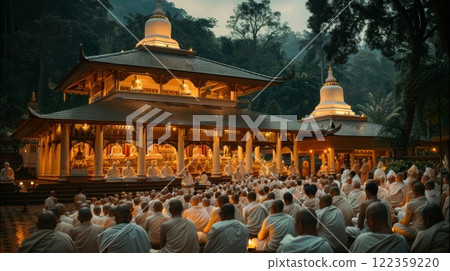 Vesak Festival . Devout Buddhists clad in white gather at temples to offer alms, meditate, and listen to sermons, seeking spiritual guidance and enlightenment. 122359220
