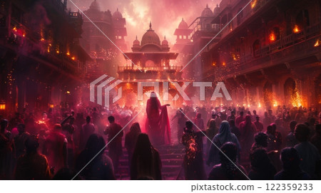 Holi celebration in a lively city courtyard, with people of all ages dancing and throwing colored powder at each other. Realistic style. Bright, saturated colors. Holi celebration in a lively city courtyard, with people of all ages dancing and throwing colored powder at each other. Realistic style. Bright, saturated colors. 122359233