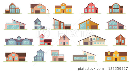 Modern cottage. Residential building collection recent vector different style houses set isolated Modern cottage. Residential building collection recent vector different style houses set isolated 122359327