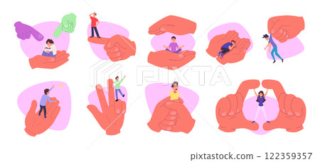 Tiny people in big hands. Concept psychological pictures with hands holding people exact vector illustration set Tiny people in big hands. Concept psychological pictures with hands holding people exact vector illustration set 122359357