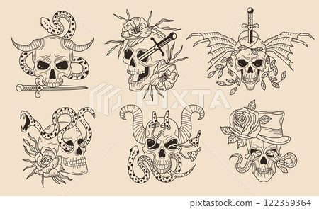 Skull tattoo. Creepy face with different emotion hand drawn head recent vector stylized templates skull for tattoo design projects Skull tattoo. Creepy face with different emotion hand drawn head recent vector stylized templates skull for tattoo design projects 122359364