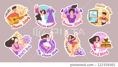 Video bloggers. Emblem design for streamers and bloggers social activity characters recent vector template with place for text 122359365