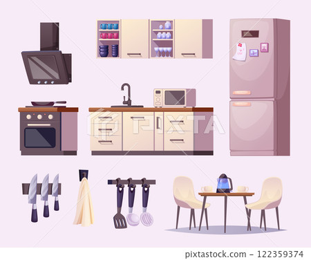 Kitchen interior. Cozy room with kitchen furniture composition and different professional utensil exact vector appliances 122359374