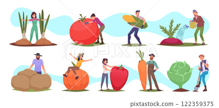 Fruit harvest. Male and female characters crop care exact vector persons with big vegetables stylized illustrations 122359375