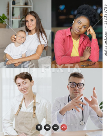 video chat on laptop screen. video call of five people to doctor, conference call to pediatrician 122359789