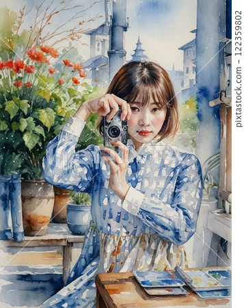 A woman photographing flowers on a balcony 122359802