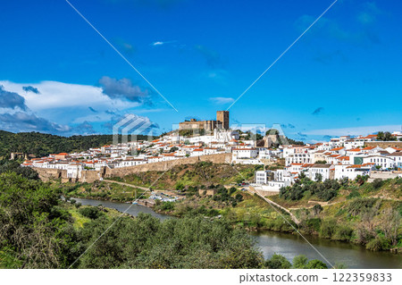 View of the river Guadiana and the village of Mertola. Alentejo Region. Portugal View of the river Guadiana and the village of Mertola. Alentejo Region. Portugal 122359833