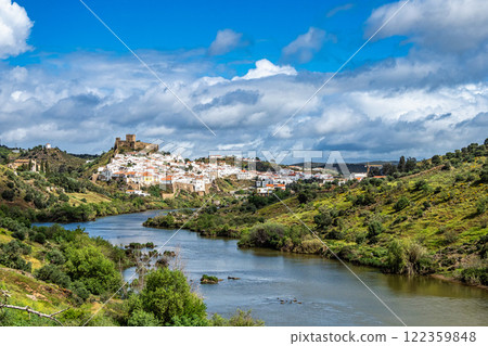 View of the river Guadiana and the village of Mertola. Alentejo Region. Portugal View of the river Guadiana and the village of Mertola. Alentejo Region. Portugal 122359848