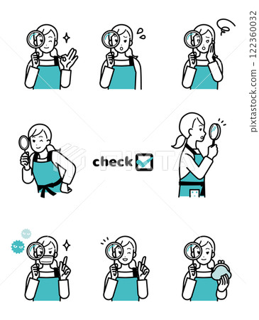 Illustration set of housewife holding a magnifying glass 122360032