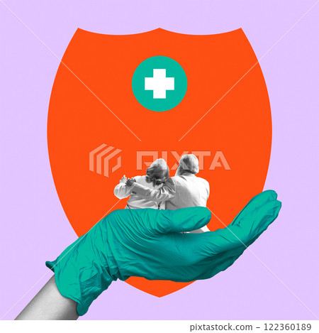 Gloved hand with elderly couple and large shield in background. Senior care and insurance protection. Conceptual art collage. 122360189