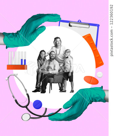 Hands wearing medical gloves with family inside surrounded by healthcare symbols. Family health insurance. Conceptual art collage. 122360192