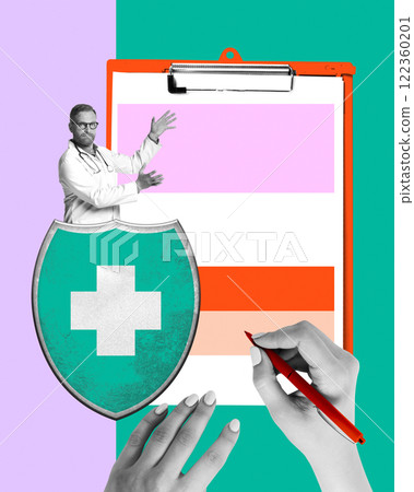 Doctor pointing at clipboard with shield featuring medical cross. Medical insurance and professional guidance. Conceptual art collage. 122360201