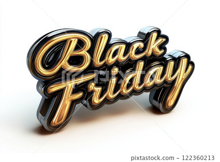 3D black Friday text with gold accents on white background 122360213