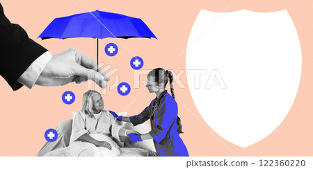 Businessman hand holds umbrella over nurse and elderly patient, symbolizing health insurance and seniors care. Conceptual art collage. 122360220