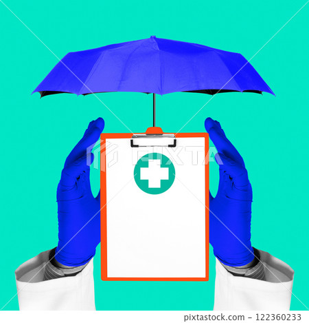 Hands in medical gloves hold clipboard with medical cross under protective umbrella, symbolizing health coverage and security. Conceptual art collage. Hands in medical gloves hold clipboard with medical cross under protective umbrella, symbolizing health coverage and security. Conceptual art collage. 122360233