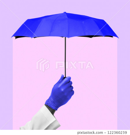 Medical worker hand holds bright blue umbrella, symbolizing medical protection and healthcare security, against pastel pink background. Conceptual art collage. Medical worker hand holds bright blue umbrella, symbolizing medical protection and healthcare security, against pastel pink background. Conceptual art collage. 122360239