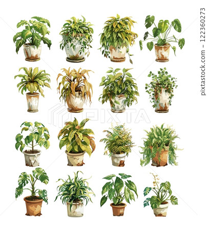 Wilted houseplants cartoon vector set. Arid dry soil herb fading bushes various stages, pots wilting leaves withering plants dehydration, no water flora disease botany remains, isolated artworks 122360273