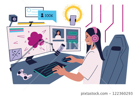 Vector illustration of modern gaming and streaming setup. Female gamer playing at desk with monitors, microphone, headphones, video games accessories. Composition for esports and digital content Vector illustration of modern gaming and streaming setup. Female gamer playing at desk with monitors, microphone, headphones, video games accessories. Composition for esports and digital content 122360293