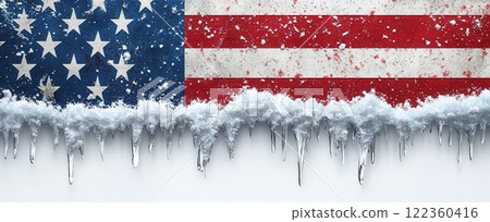 American flag with snow and ice creating a wintery patriotic scene 122360416