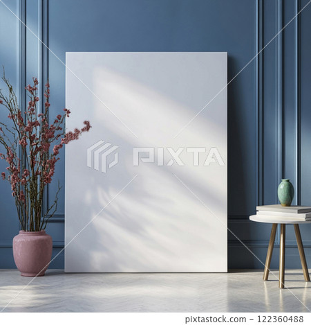 Mockup artist canvas in vertical format on blue background. format front view. Frame for design 122360488